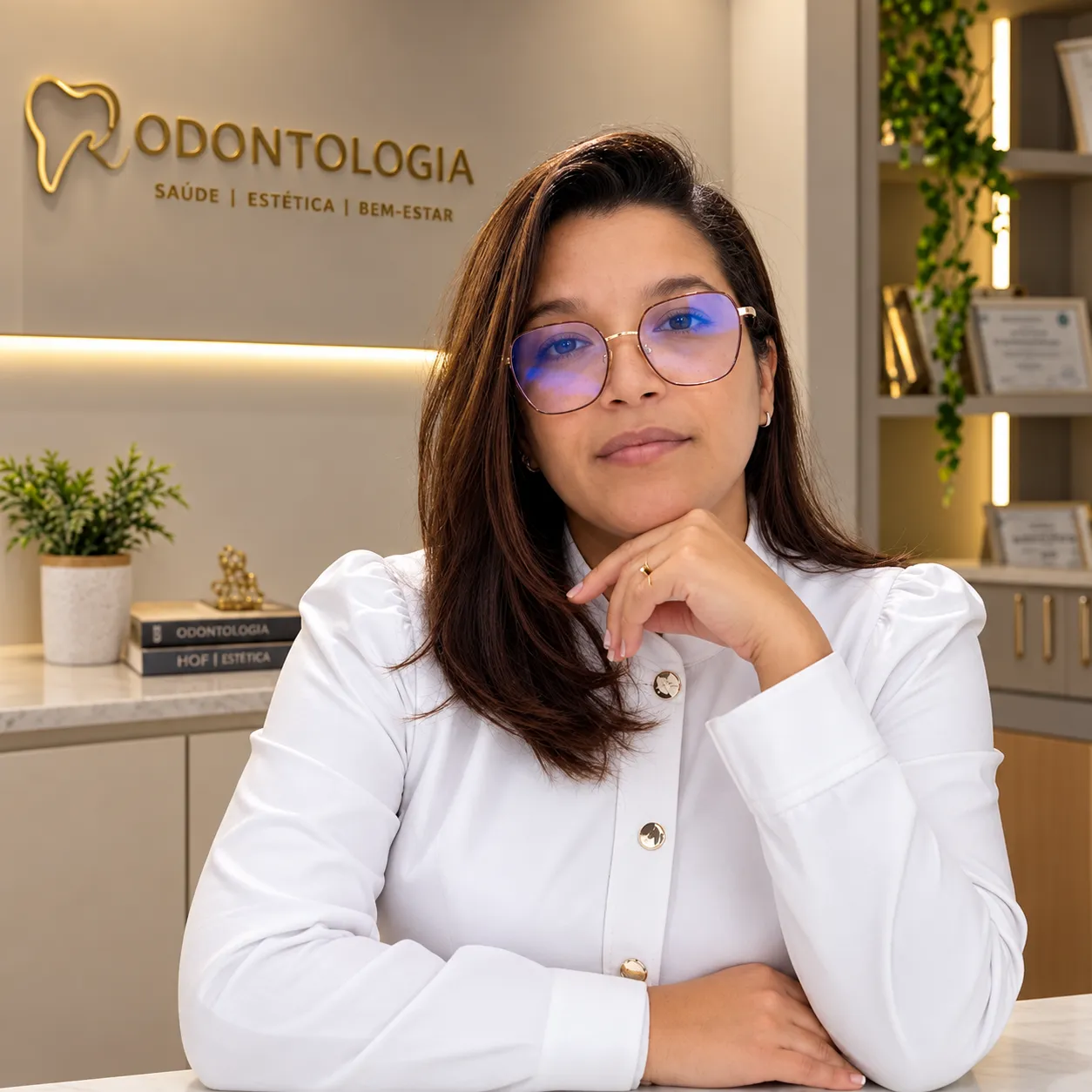Dra. Alian Duarte, de jaleco branco, no consultório